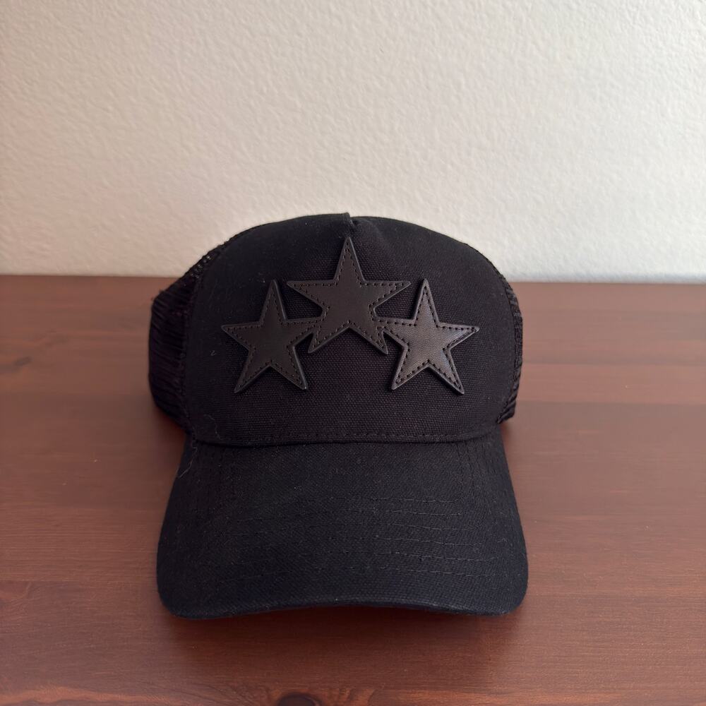 Amiri 3 Star Trucker Hat Black Leather Star Canvas Mesh Snapback Cap One Size